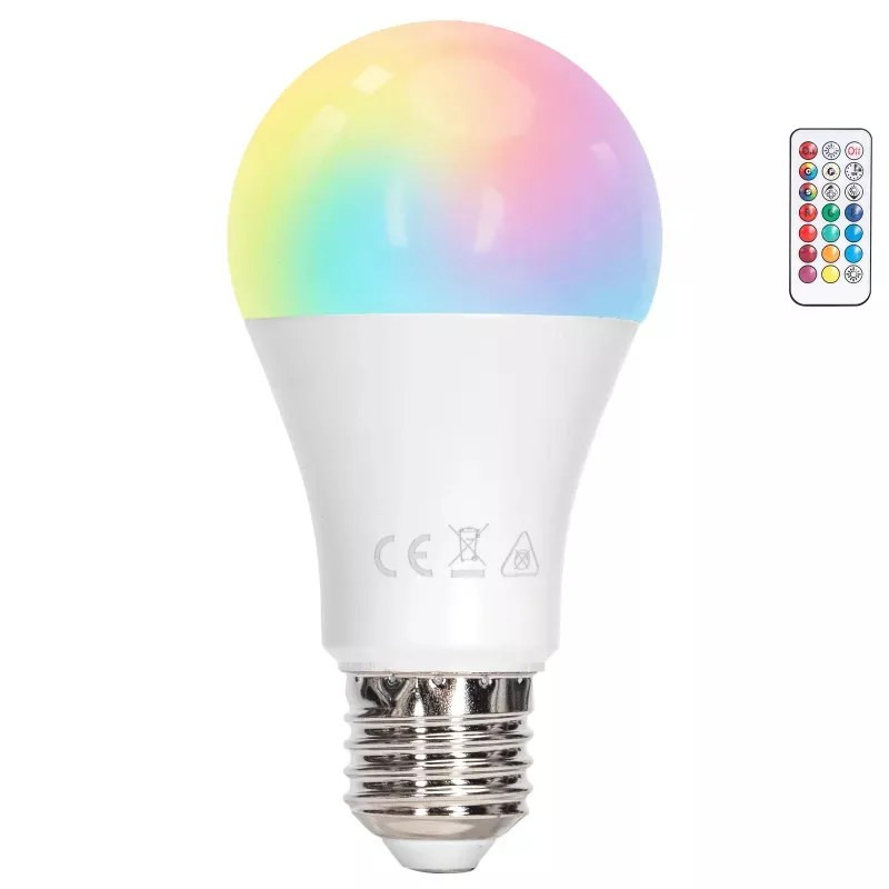Żarówka LED E27 10W RGB z ciepłą barwą 3000K i pilotem