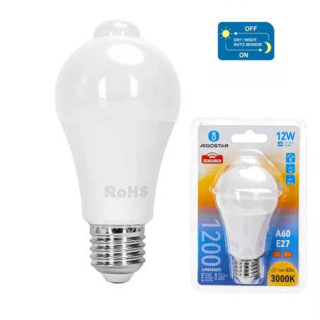 Żarówka LED 12W E27 A60 z czujnikiem ruchu PIR 3000K ciepła biała