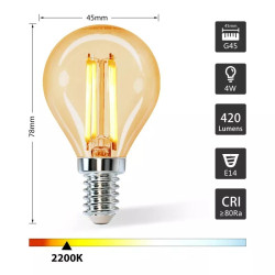 Żarówka LED filamentowa G45 bursztynowa E14 4W ciepłe światło 2200K