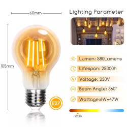 Żarówka LED filamentowa A60 E27 6W 2200K 600lm bursztynowa