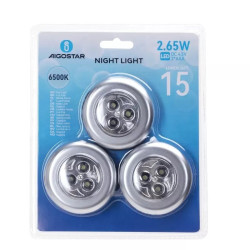 Lampki nocne LED na baterie 3xAAA 2,65W 6500K 3 sztuki srebrne