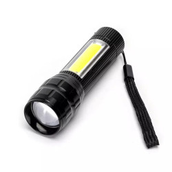 Latarka ładowalna USB 3.7W z bocznym światłem COB i zoomem czarna