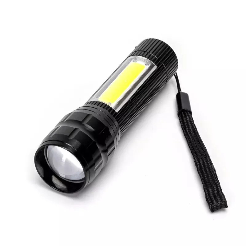 Latarka ładowalna USB 3.7W z bocznym światłem COB i zoomem czarna