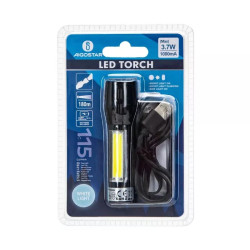 Latarka ładowalna USB 3.7W z bocznym światłem COB i zoomem czarna