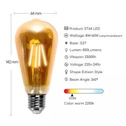 Żarówka filamentowa LED ST64 E27 8W 2200K bursztynowa 800 lm
