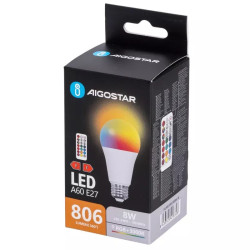 Żarówka LED E27 8W RGB + ciepła biel 3000K, 806lm z pilotem IR