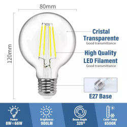 Żarówka LED filamentowa G80 E27 8W 6500K zimna barwa światła