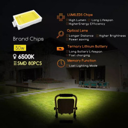Lampa robocza LED 50W 6500K z akumulatorem i kablem USB żółta