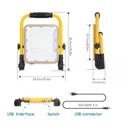 Lampa robocza LED 50W 6500K z akumulatorem i kablem USB żółta