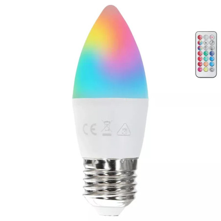 Żarówka LED świeczka E27 6W RGB + ciepła 3000K z pilotem