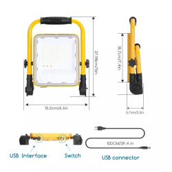 Lampa robocza LED 30W zimna barwa 6500K ładowalna USB żółta