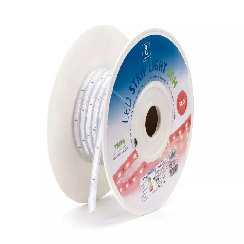 Taśma LED czerwona 50m 7W/m 120° szer. 8mm IP65 do zasilania 230V