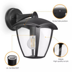 Lampa ścienna czarna z kloszem i trzonkiem E27, maks. 60W, IP44