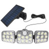 Czarna lampa solarna ścienna z trzema panelami LED i podłączonym panelem solarnym z przewodem