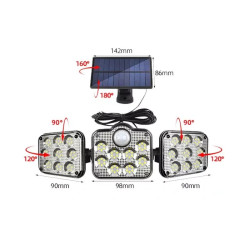 Czarna lampa solarna ścienna z trzema panelami LED i podłączonym panelem solarnym z przewodem