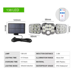 Czarna lampa solarna ścienna z trzema panelami LED i podłączonym panelem solarnym z przewodem