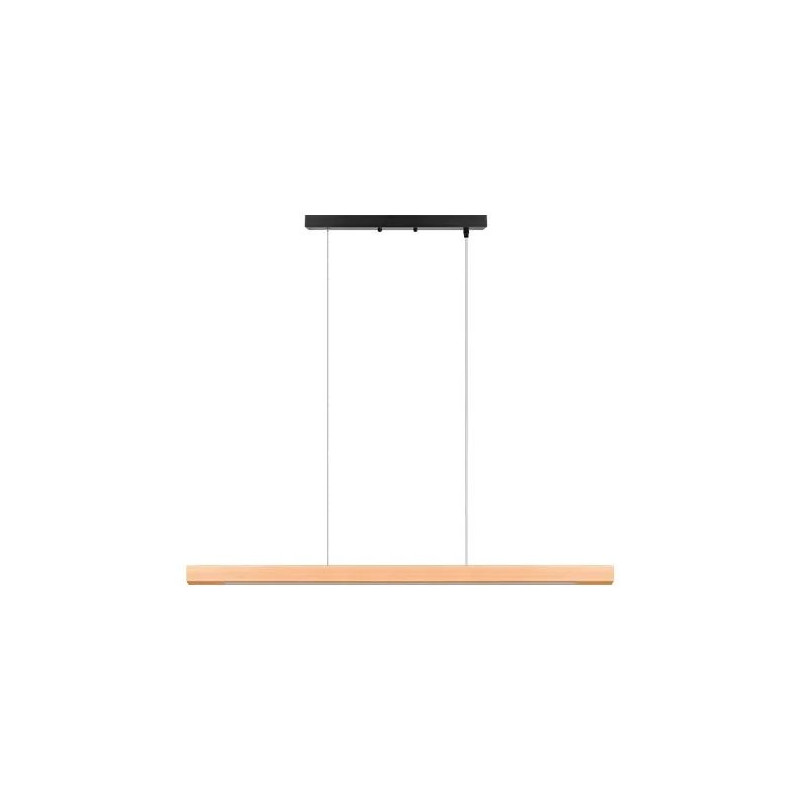Lampa liniowa wisząca LED 120 cm z drewnianym elementem i czarną podsufitką na regulowanych linkach
