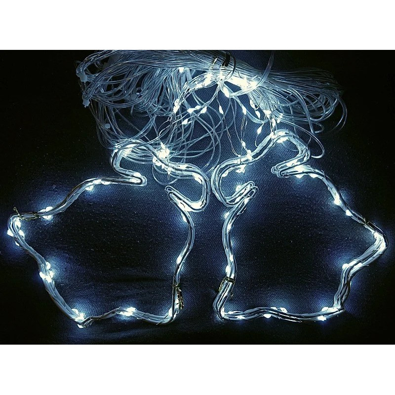 Kurtyna świetlna z 8 białymi dzwonkami LED rozłożona na ciemnym tle